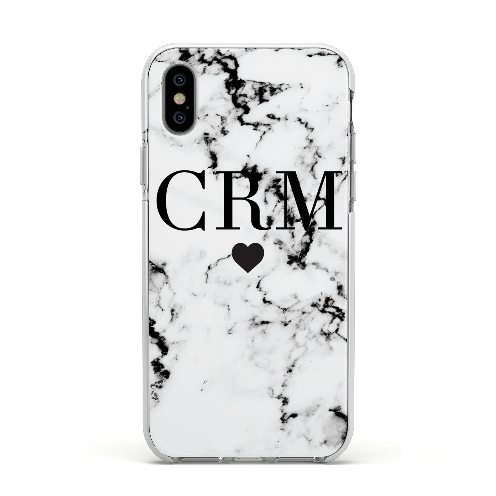 Marble Heart Personalised Initials Apple iPhone Xs Impact Case White Edge on Silver Phone