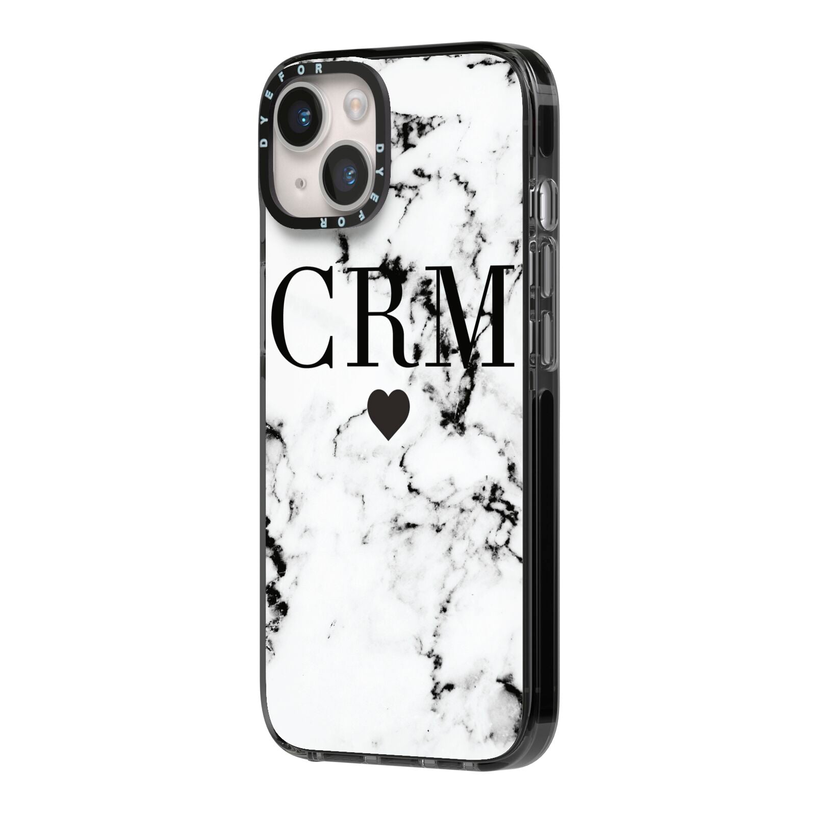 Marble Heart Personalised Initials iPhone 14 Black Impact Case Side Angle on Silver phone