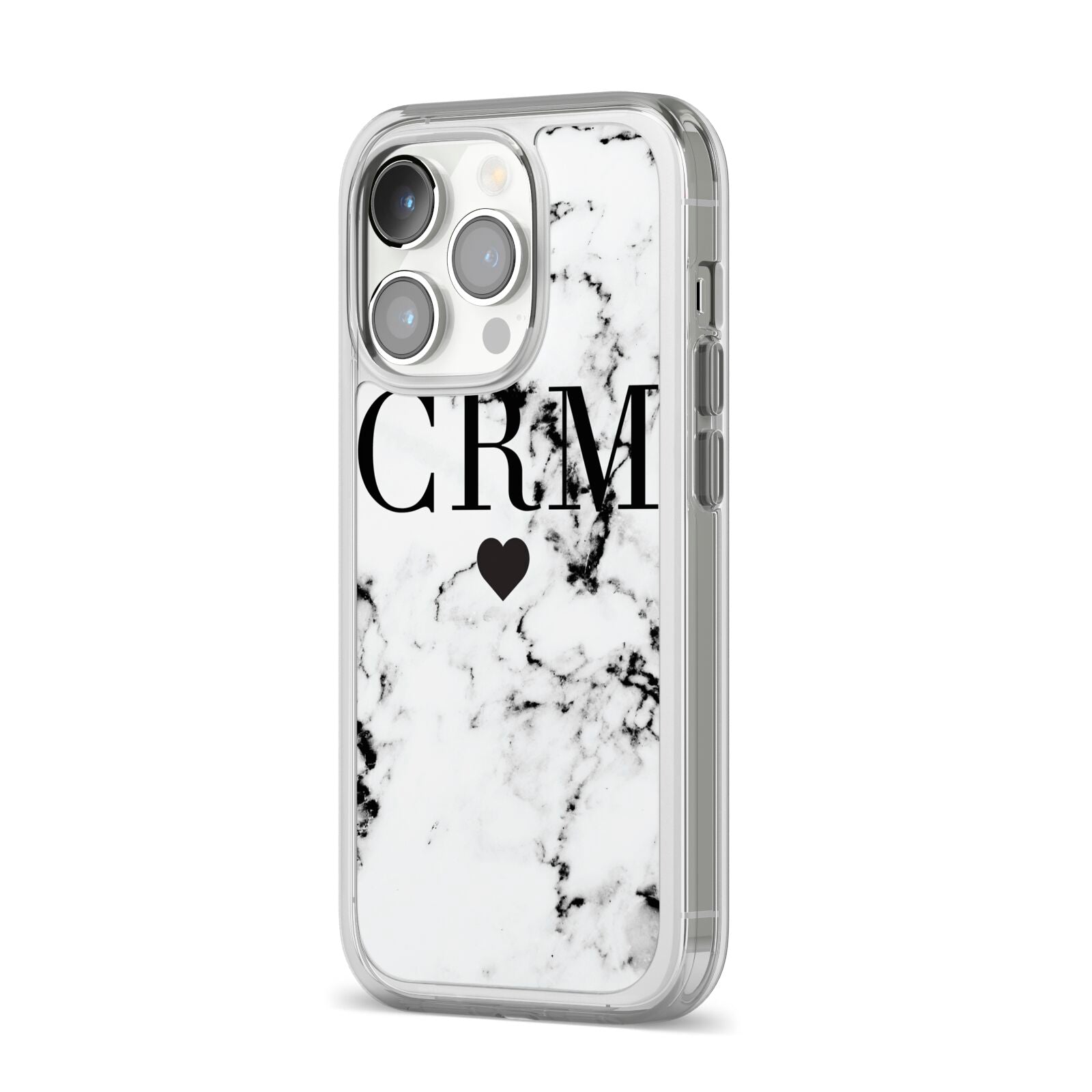 Marble Heart Personalised Initials iPhone 14 Pro Clear Tough Case Silver Angled Image