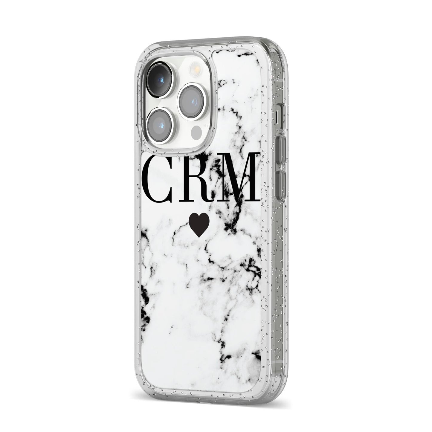 Marble Heart Personalised Initials iPhone 14 Pro Glitter Tough Case Silver Angled Image
