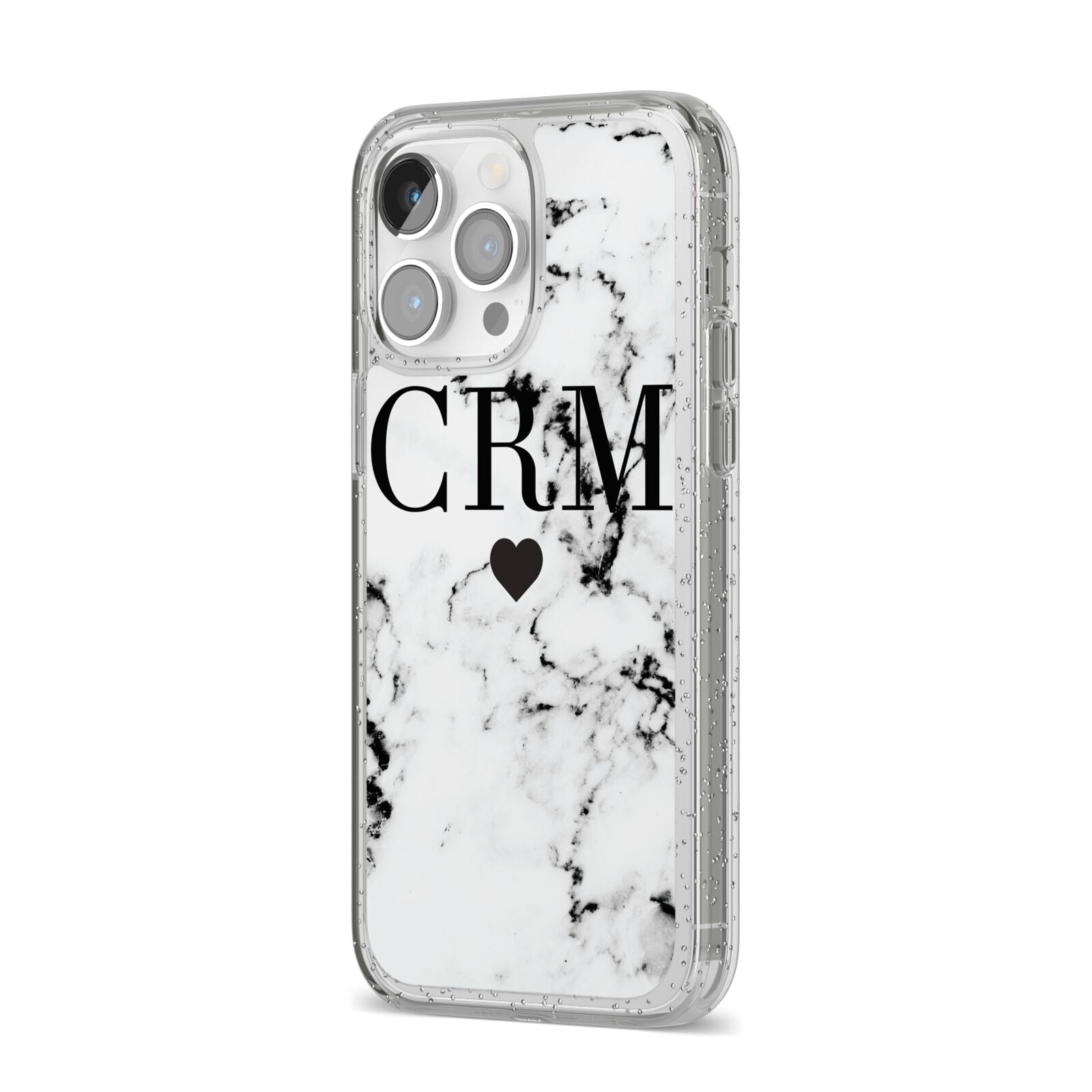 Marble Heart Personalised Initials iPhone 14 Pro Max Glitter Tough Case Silver Angled Image