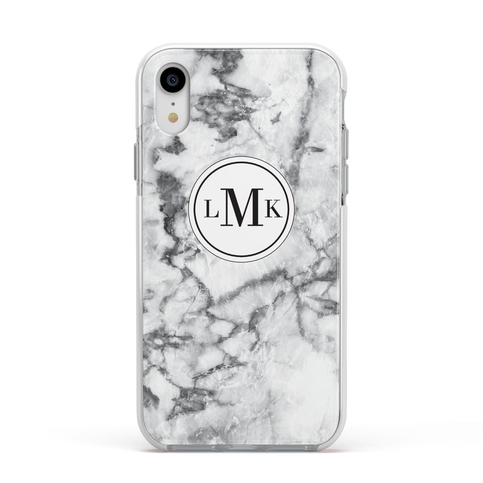 Marble Initials Circle Personalised Apple iPhone XR Impact Case White Edge on Silver Phone