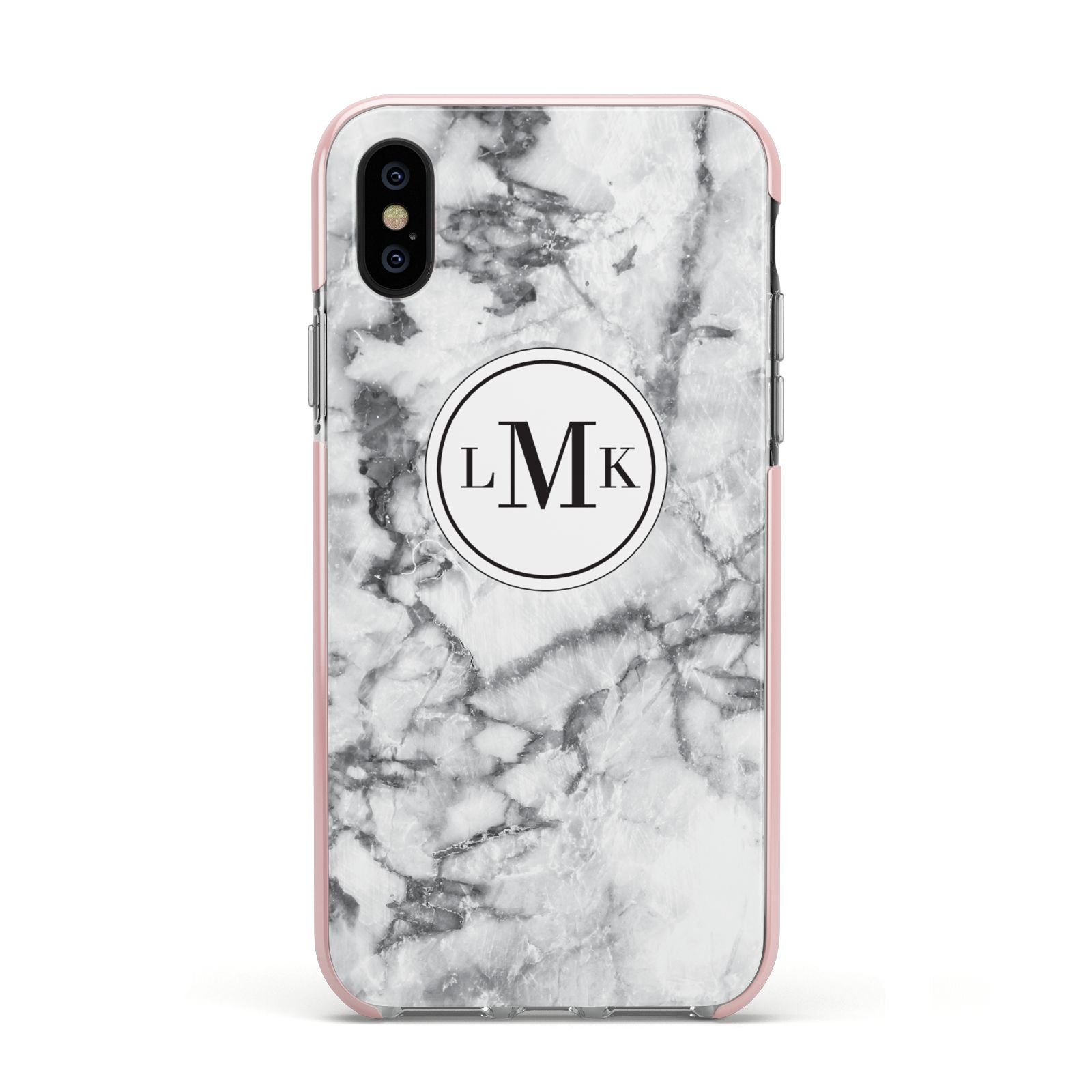 Marble Initials Circle Personalised Apple iPhone Xs Impact Case Pink Edge on Black Phone