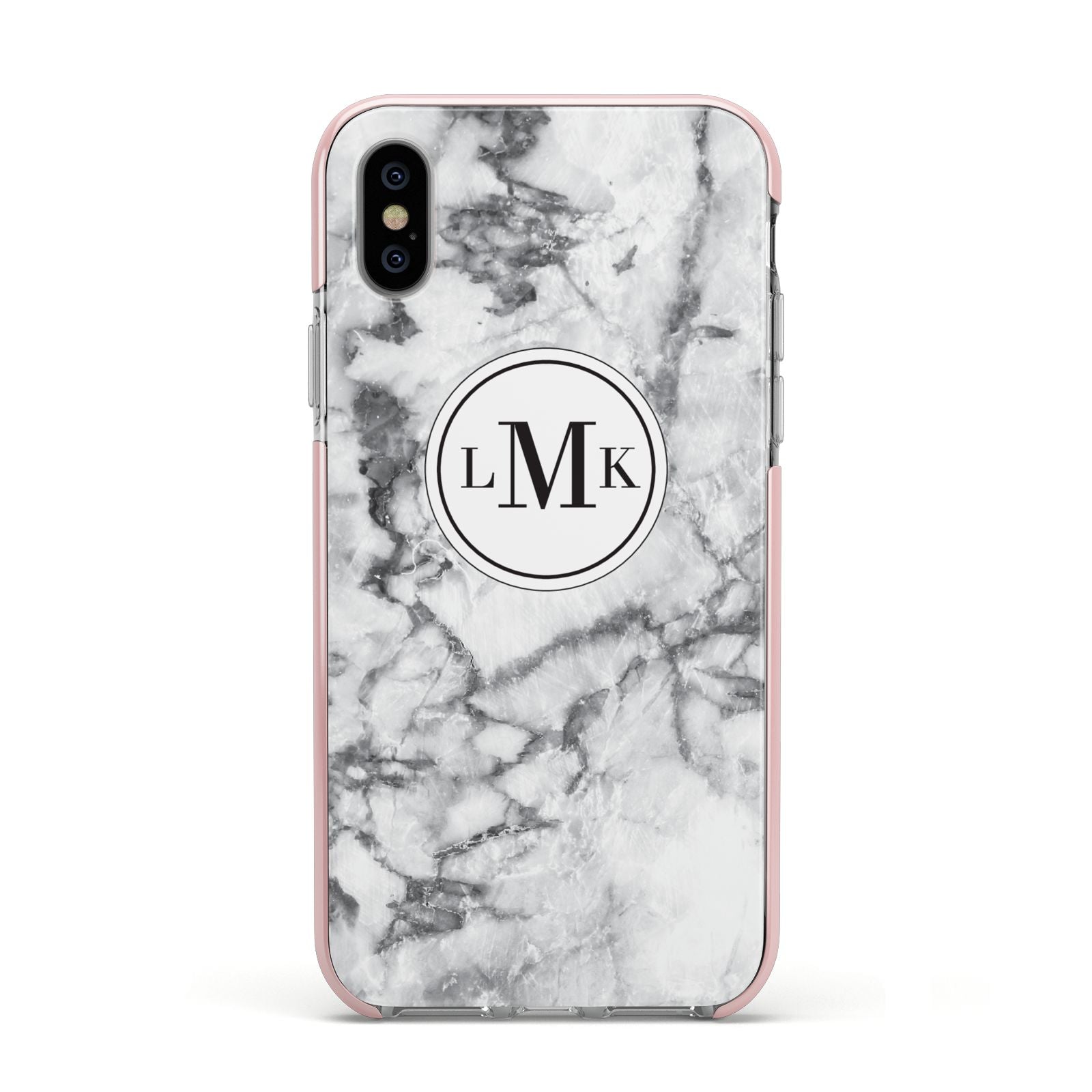 Marble Initials Circle Personalised Apple iPhone Xs Impact Case Pink Edge on Silver Phone