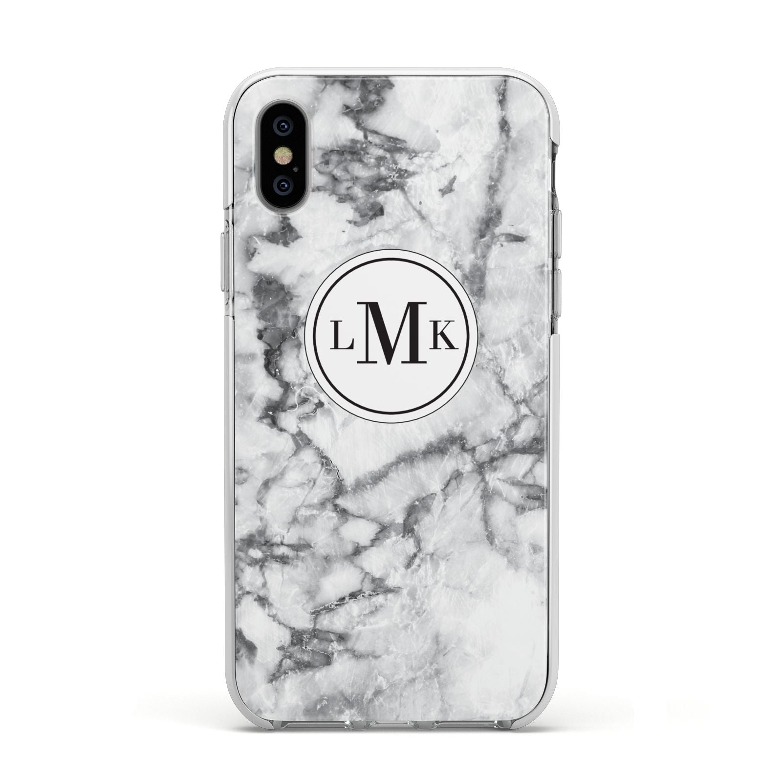 Marble Initials Circle Personalised Apple iPhone Xs Impact Case White Edge on Silver Phone