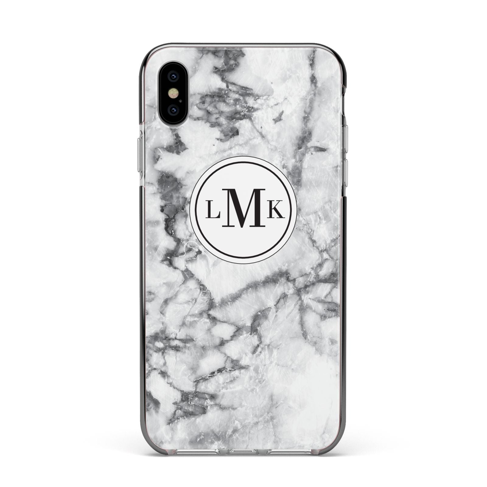 Marble Initials Circle Personalised Apple iPhone Xs Max Impact Case Black Edge on Silver Phone