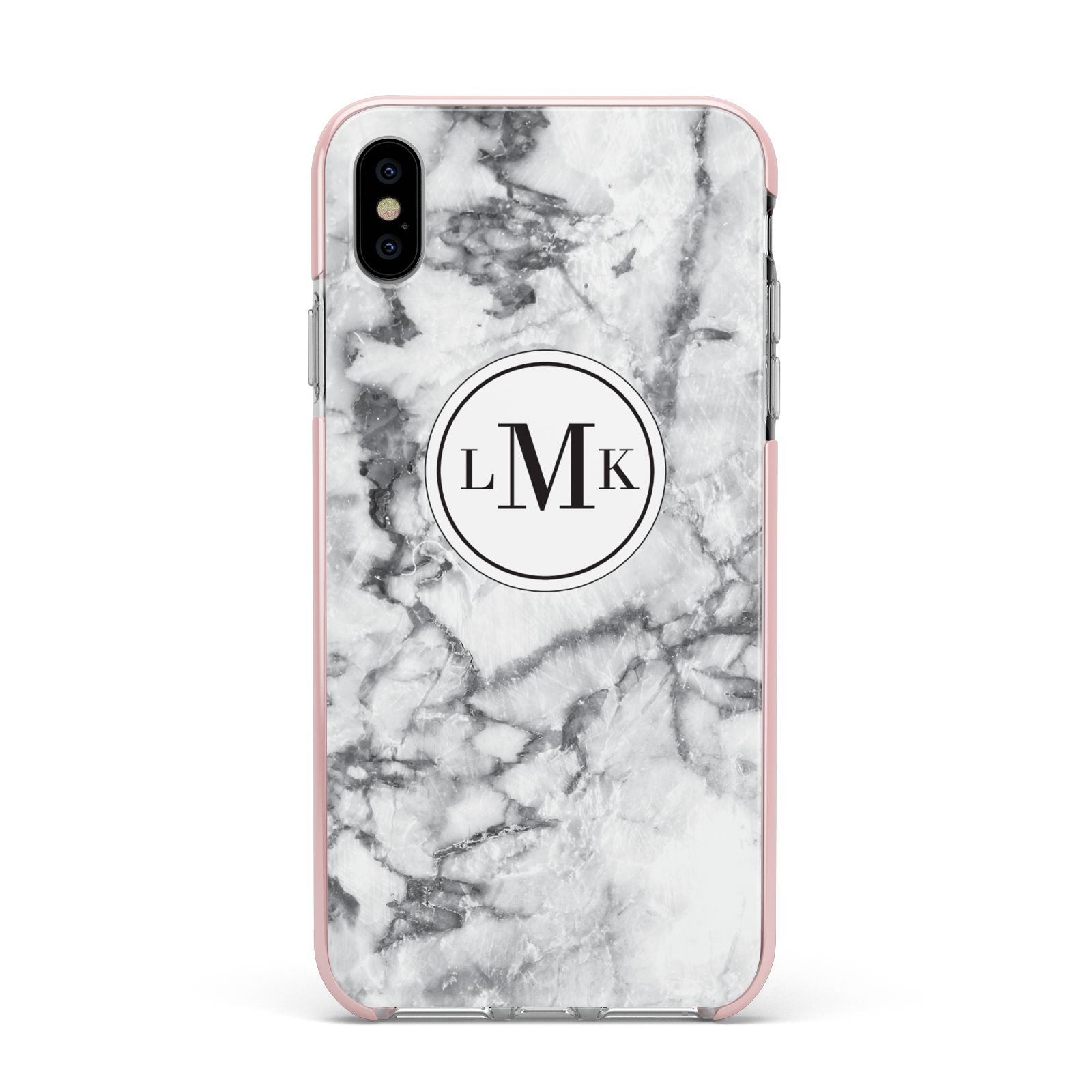 Marble Initials Circle Personalised Apple iPhone Xs Max Impact Case Pink Edge on Silver Phone