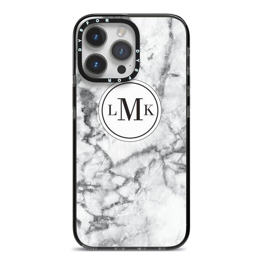 Marble Initials Circle Personalised iPhone 14 Pro Max Black Impact Case on Silver phone