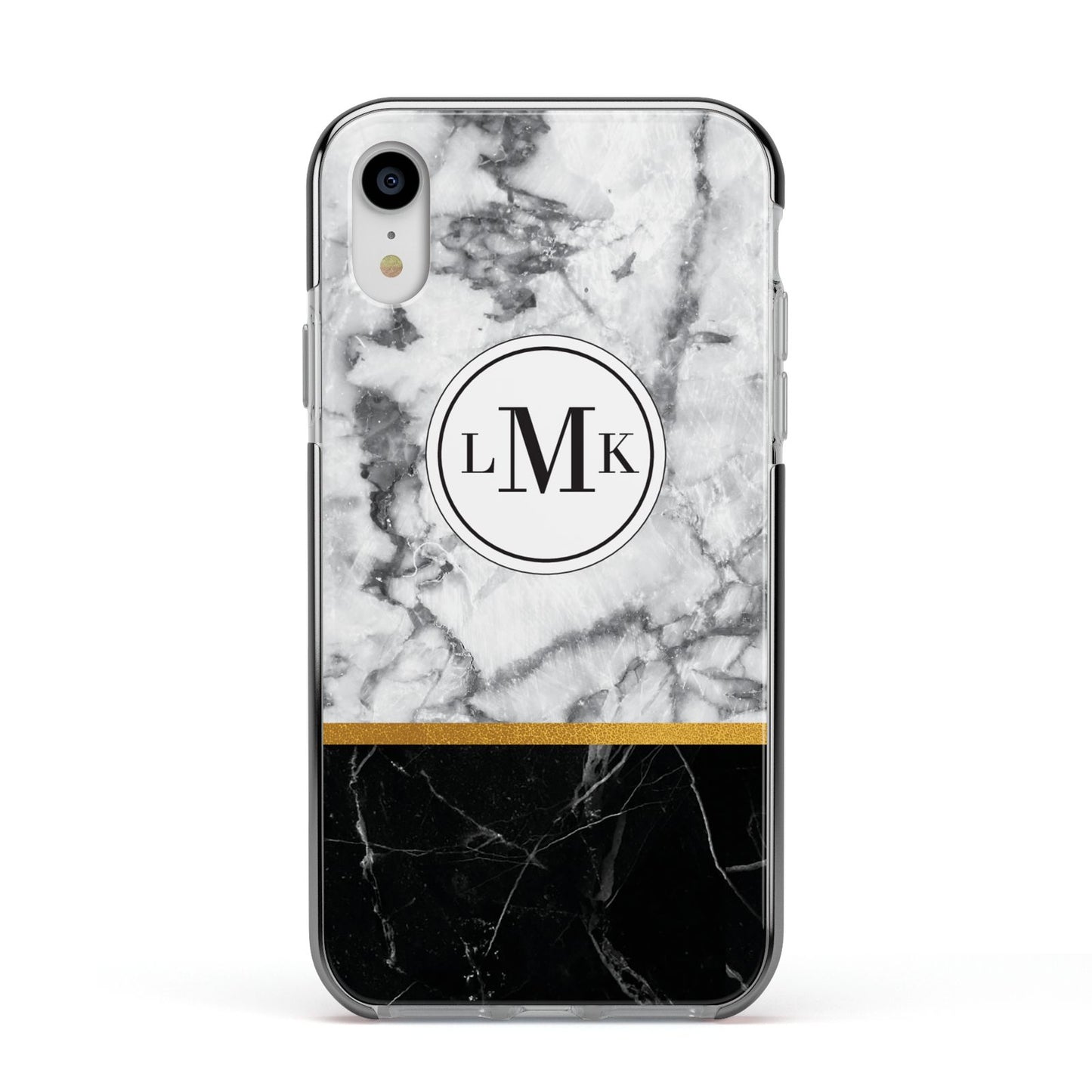 Marble Initials Geometric Personalised Apple iPhone XR Impact Case Black Edge on Silver Phone