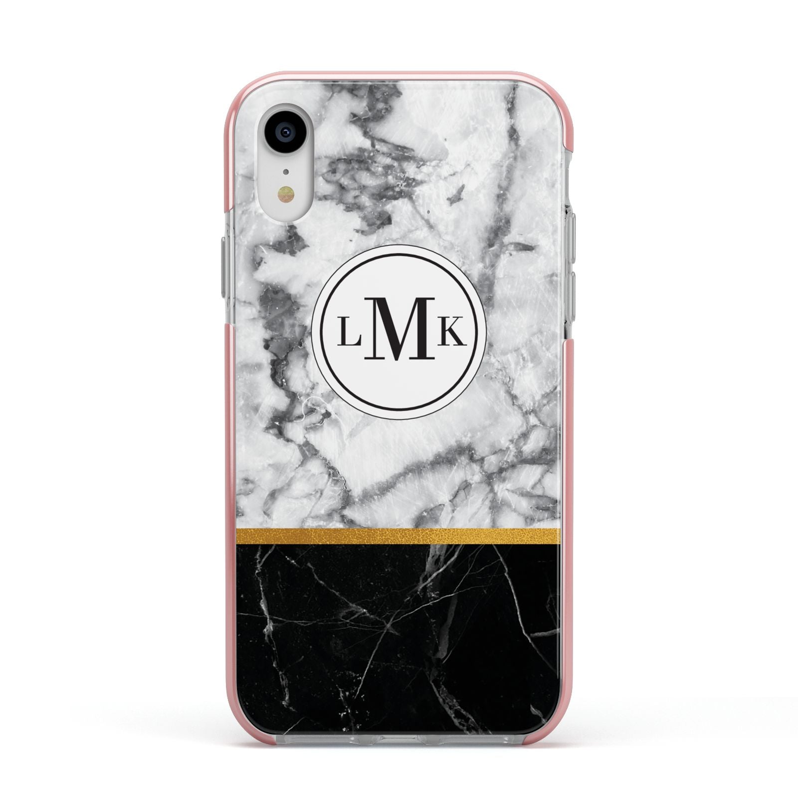 Marble Initials Geometric Personalised Apple iPhone XR Impact Case Pink Edge on Silver Phone