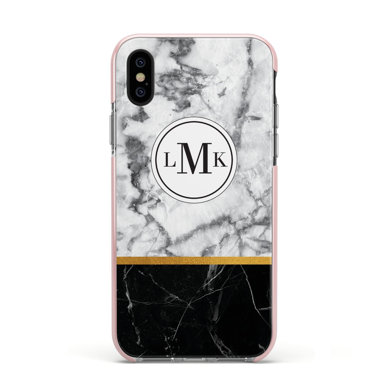 Marble Initials Geometric Personalised Apple iPhone Xs Impact Case Pink Edge on Black Phone
