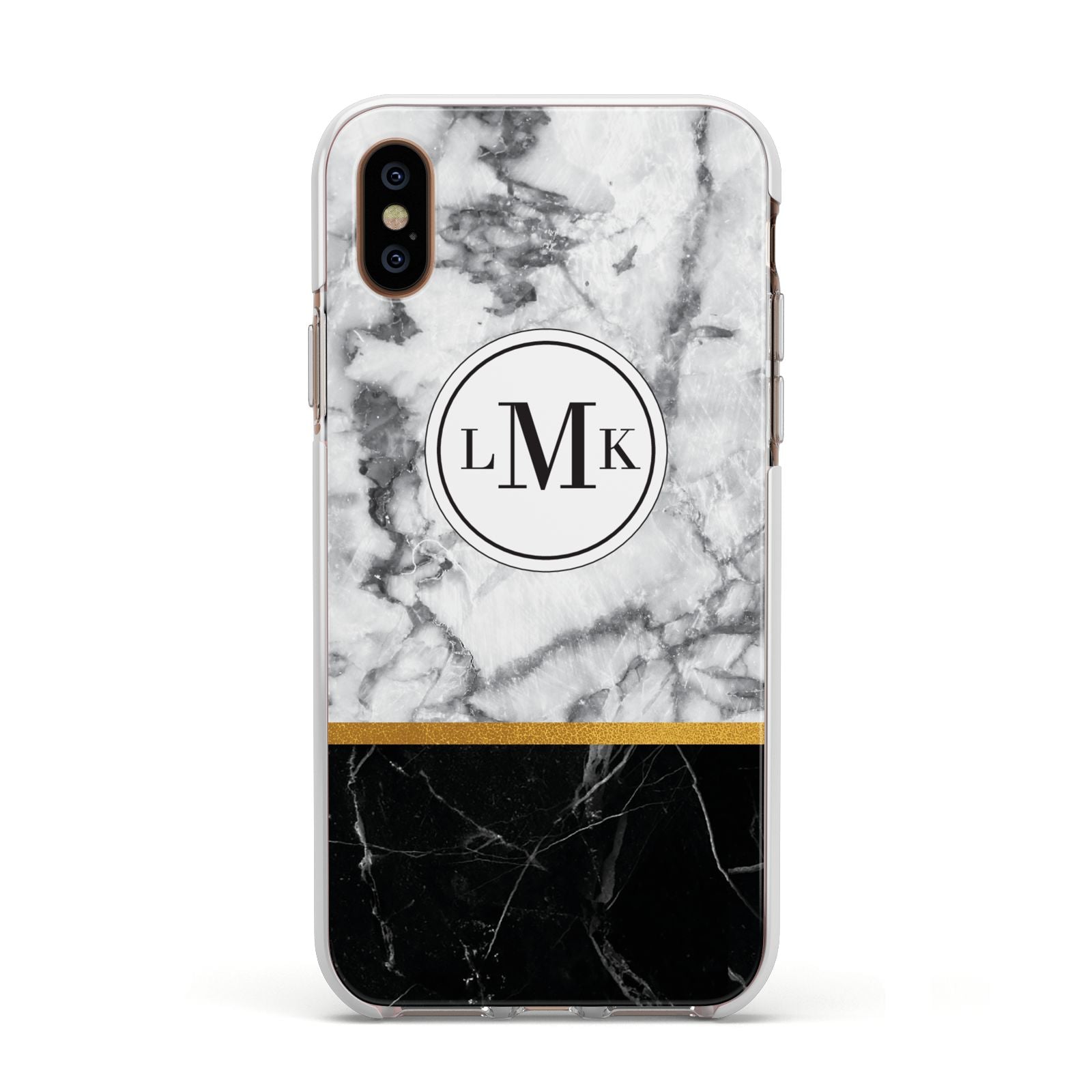 Marble Initials Geometric Personalised Apple iPhone Xs Impact Case White Edge on Gold Phone