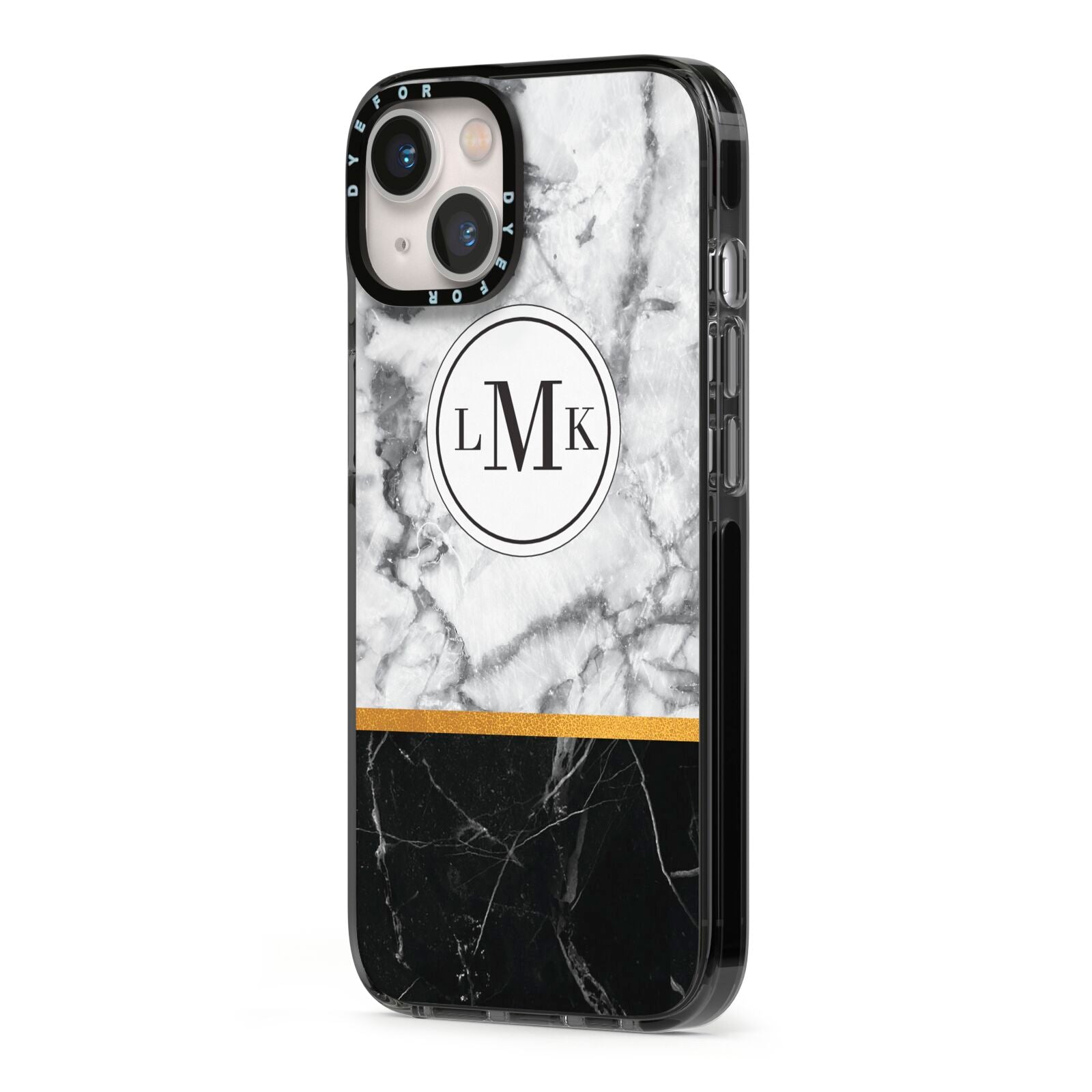 Marble Initials Geometric Personalised iPhone 13 Black Impact Case Side Angle on Silver phone