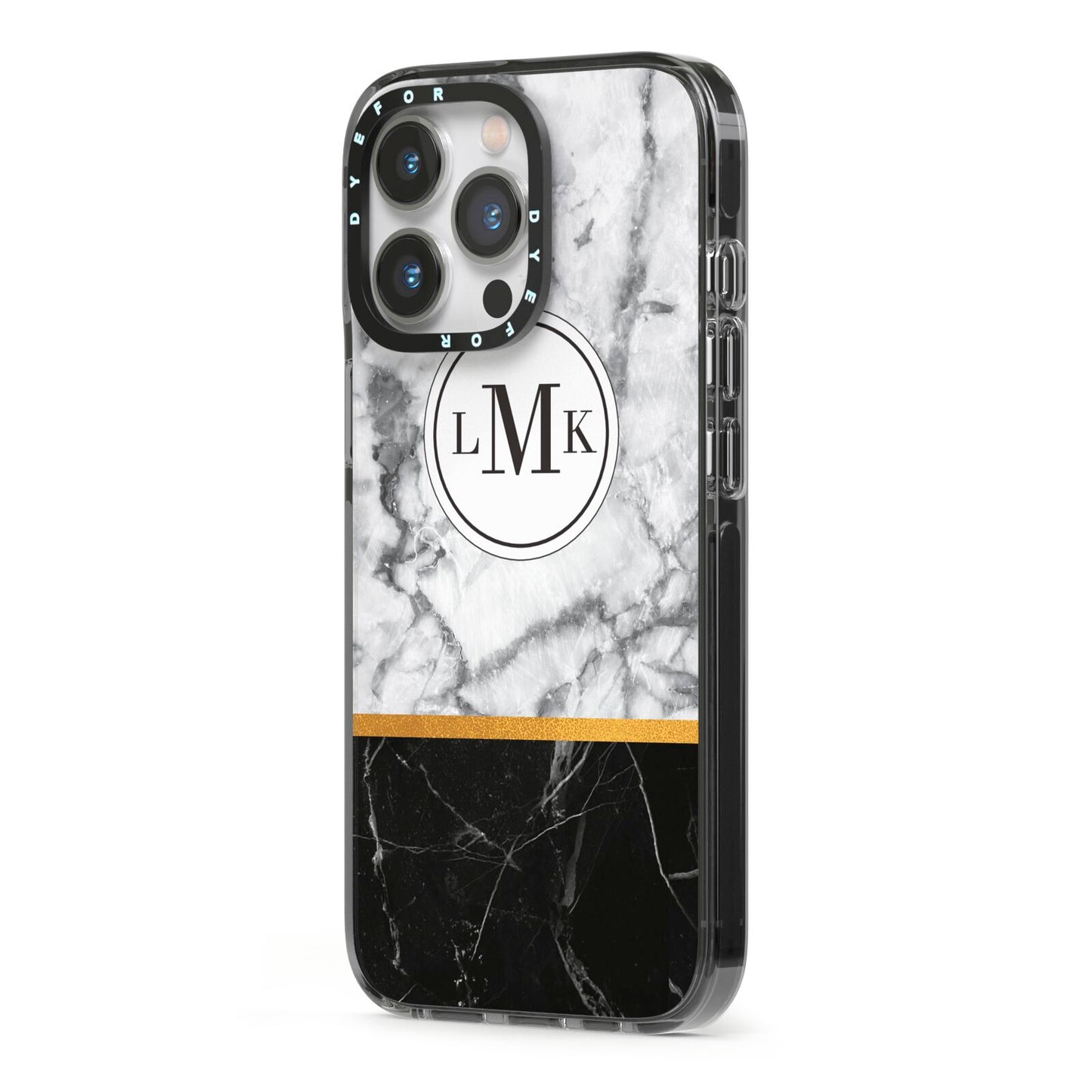 Marble Initials Geometric Personalised iPhone 13 Pro Black Impact Case Side Angle on Silver phone