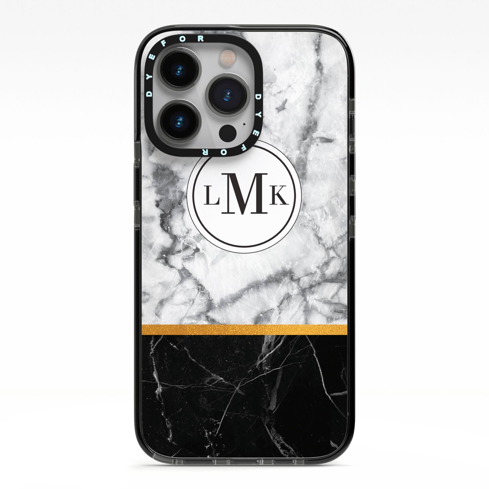 Marble Initials Geometric Personalised iPhone 13 Pro Black Impact Case on Silver phone