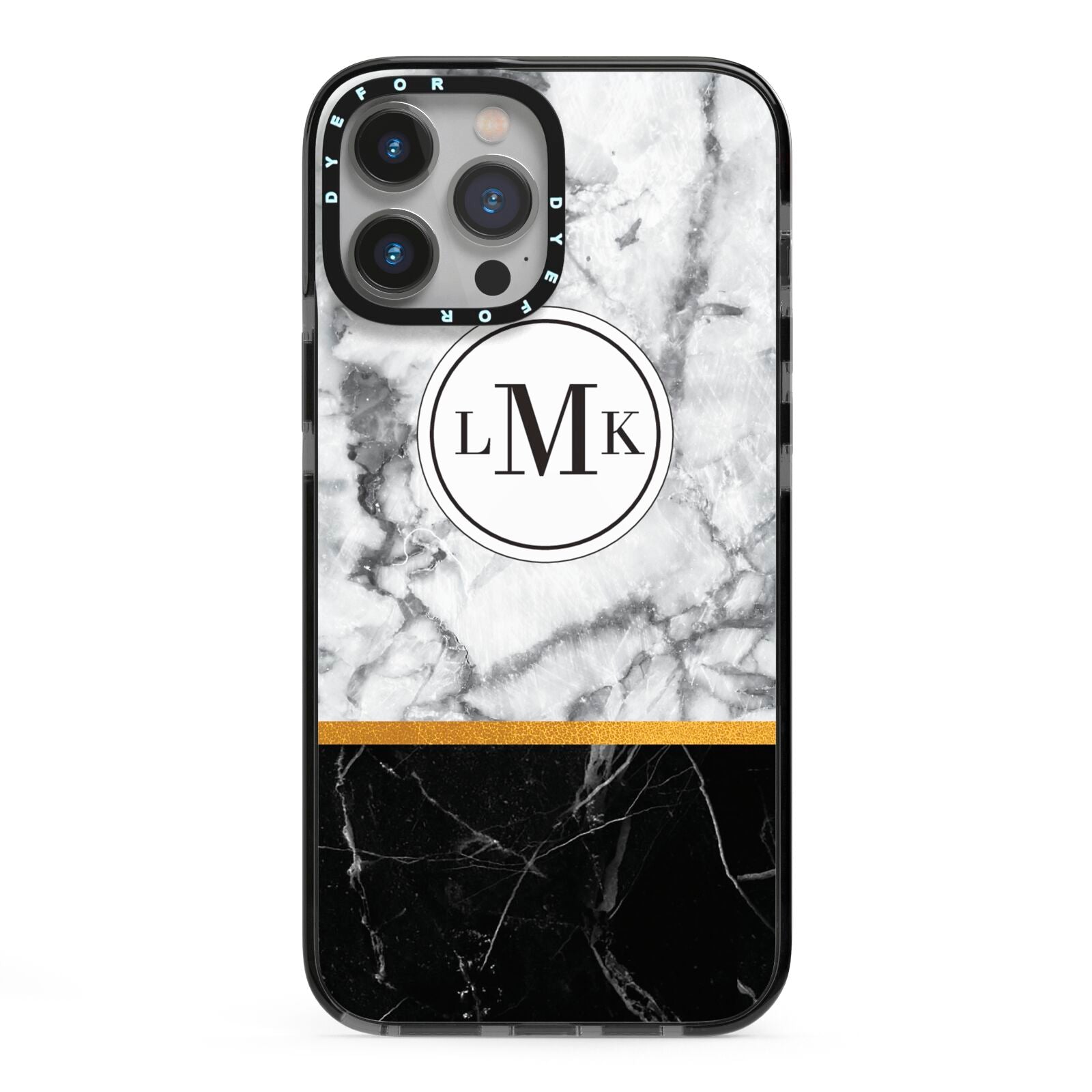 Marble Initials Geometric Personalised iPhone 13 Pro Max Black Impact Case on Silver phone