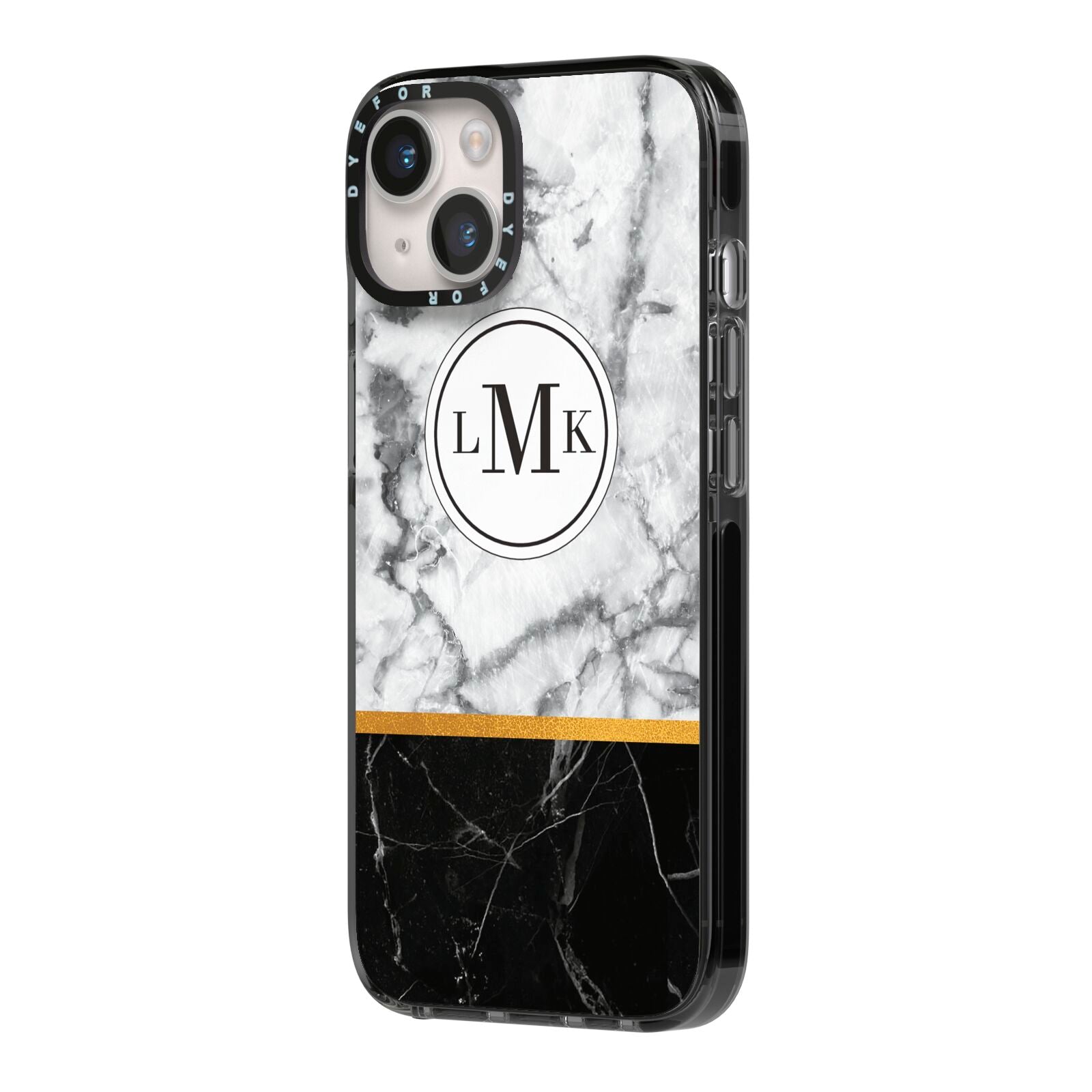 Marble Initials Geometric Personalised iPhone 14 Black Impact Case Side Angle on Silver phone