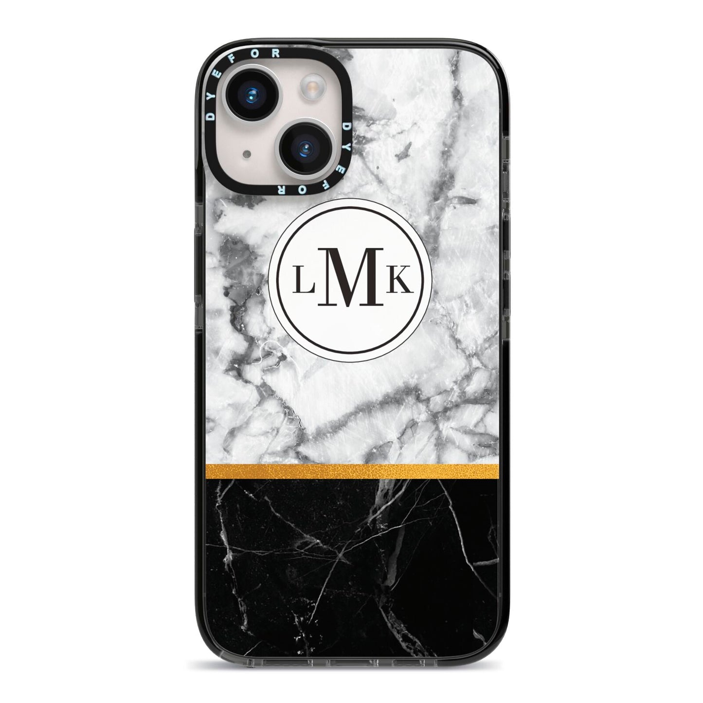 Marble Initials Geometric Personalised iPhone 14 Black Impact Case on Silver phone