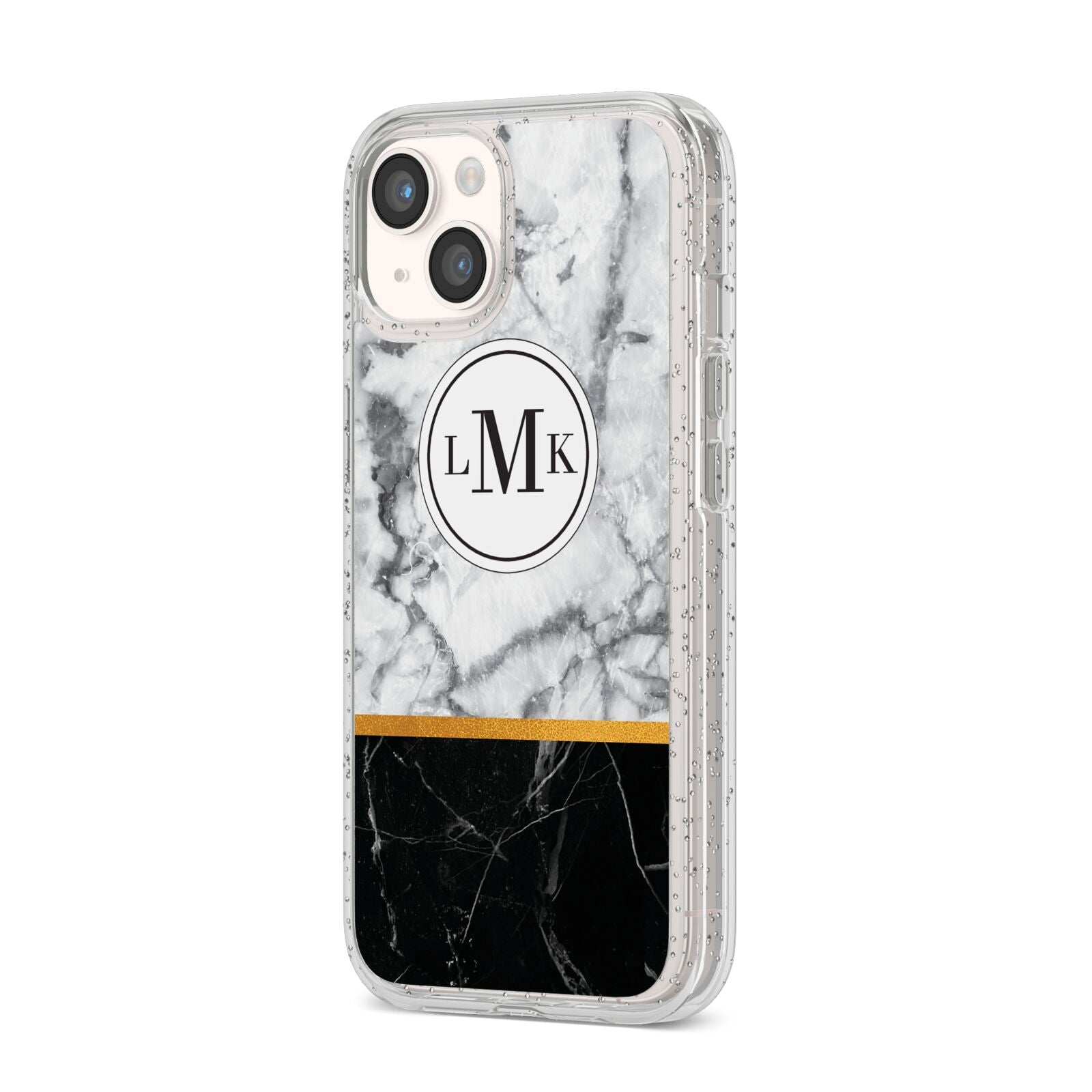 Marble Initials Geometric Personalised iPhone 14 Glitter Tough Case Starlight Angled Image