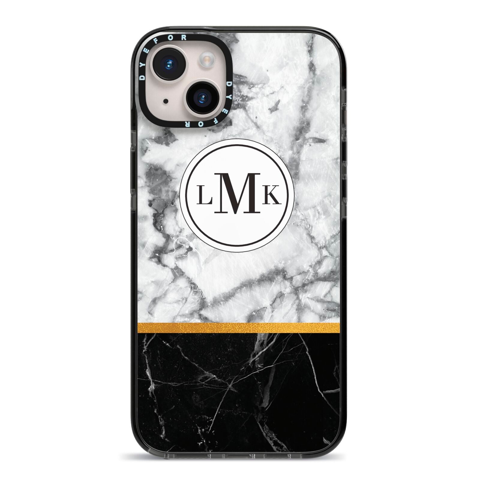 Marble Initials Geometric Personalised iPhone 14 Plus Black Impact Case on Silver phone