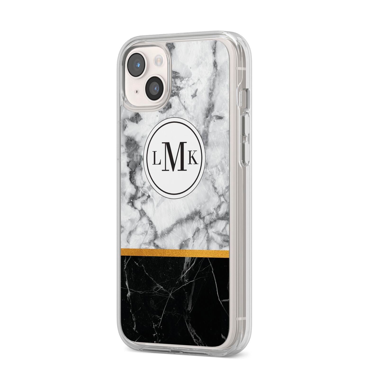 Marble Initials Geometric Personalised iPhone 14 Plus Clear Tough Case Starlight Angled Image