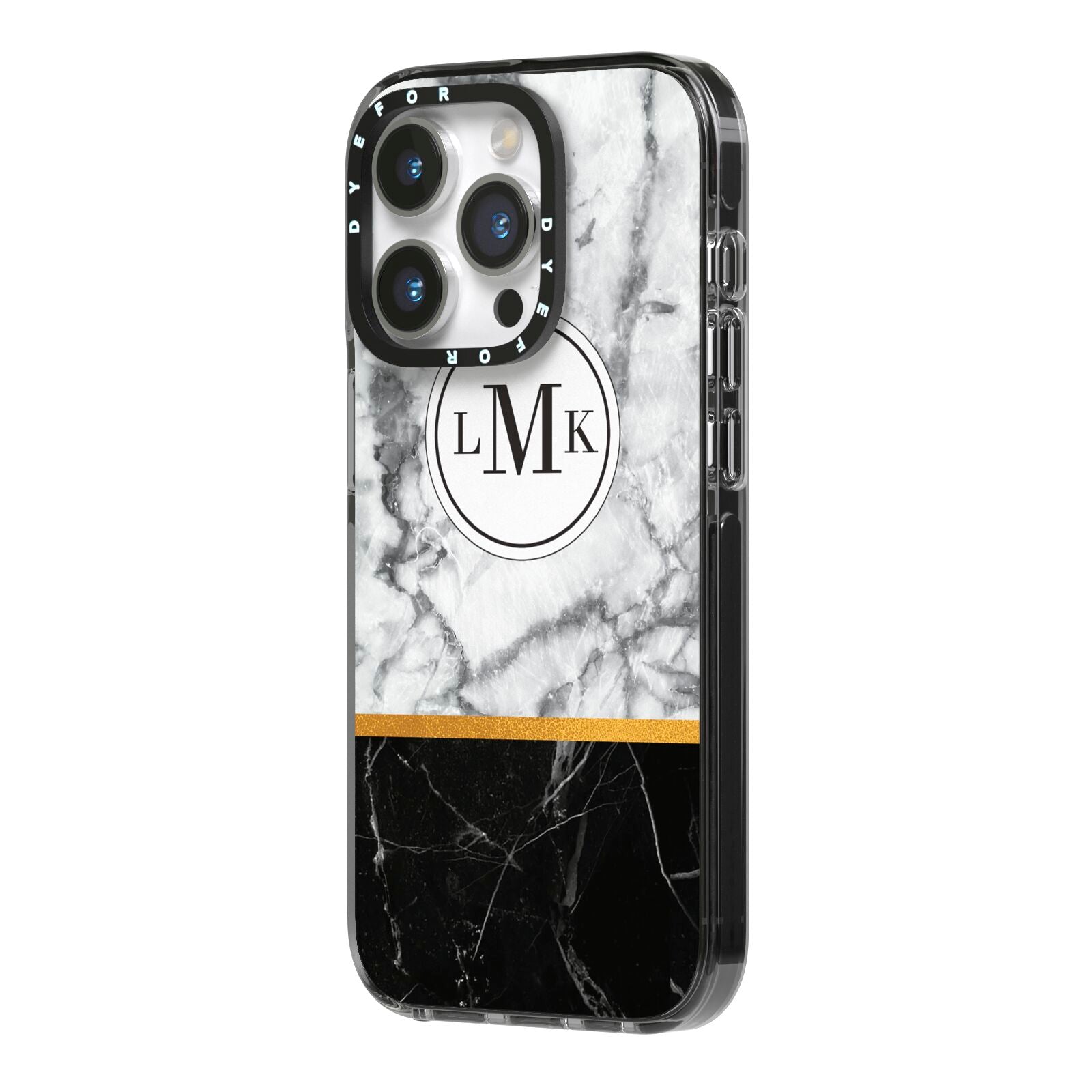 Marble Initials Geometric Personalised iPhone 14 Pro Black Impact Case Side Angle on Silver phone