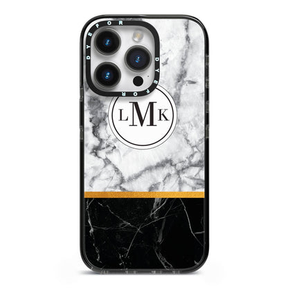 Marble Initials Geometric Personalised iPhone 14 Pro Black Impact Case on Silver phone
