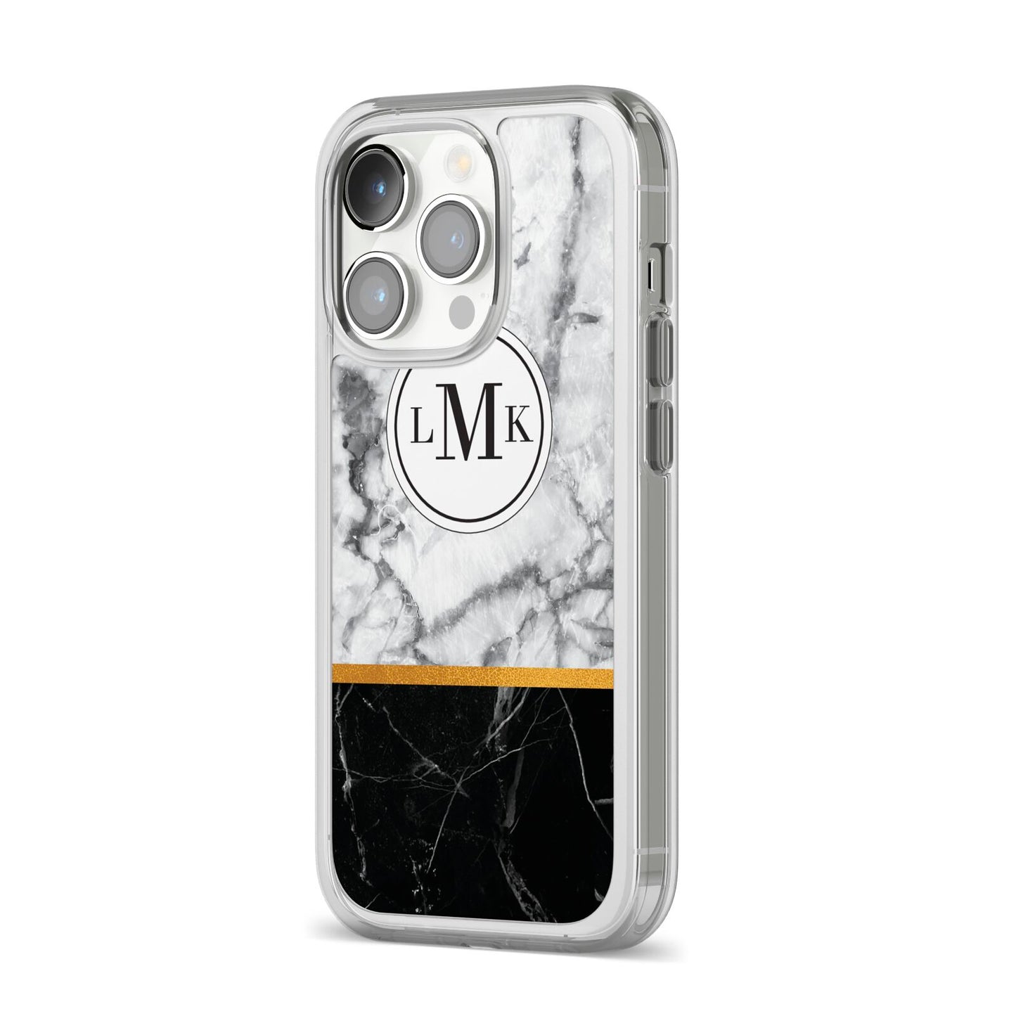 Marble Initials Geometric Personalised iPhone 14 Pro Clear Tough Case Silver Angled Image