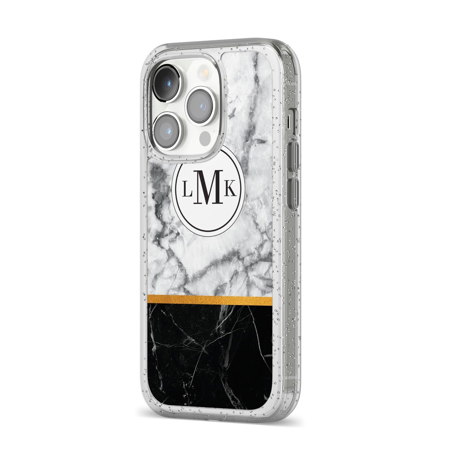 Marble Initials Geometric Personalised iPhone 14 Pro Glitter Tough Case Silver Angled Image