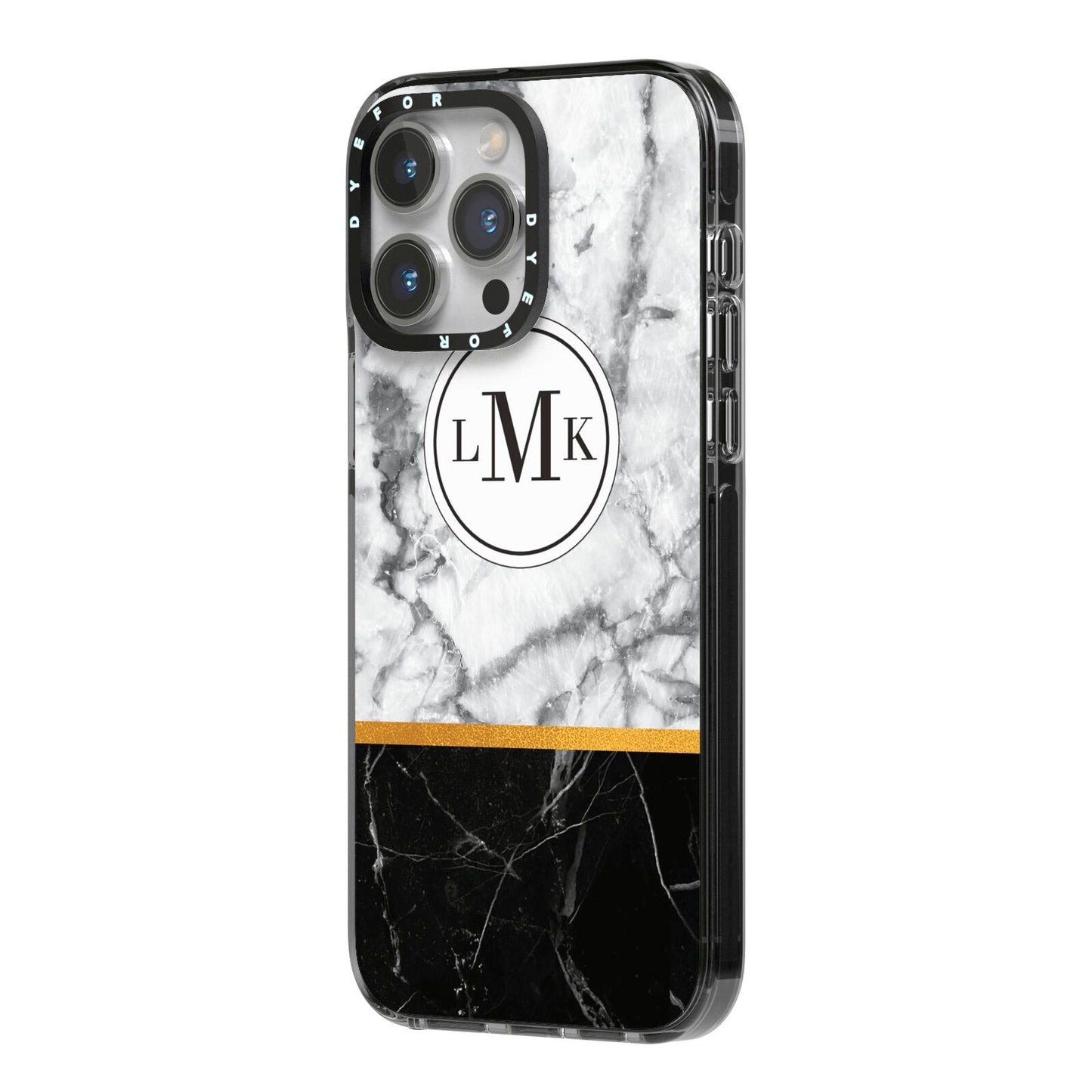 Marble Initials Geometric Personalised iPhone 14 Pro Max Black Impact Case Side Angle on Silver phone