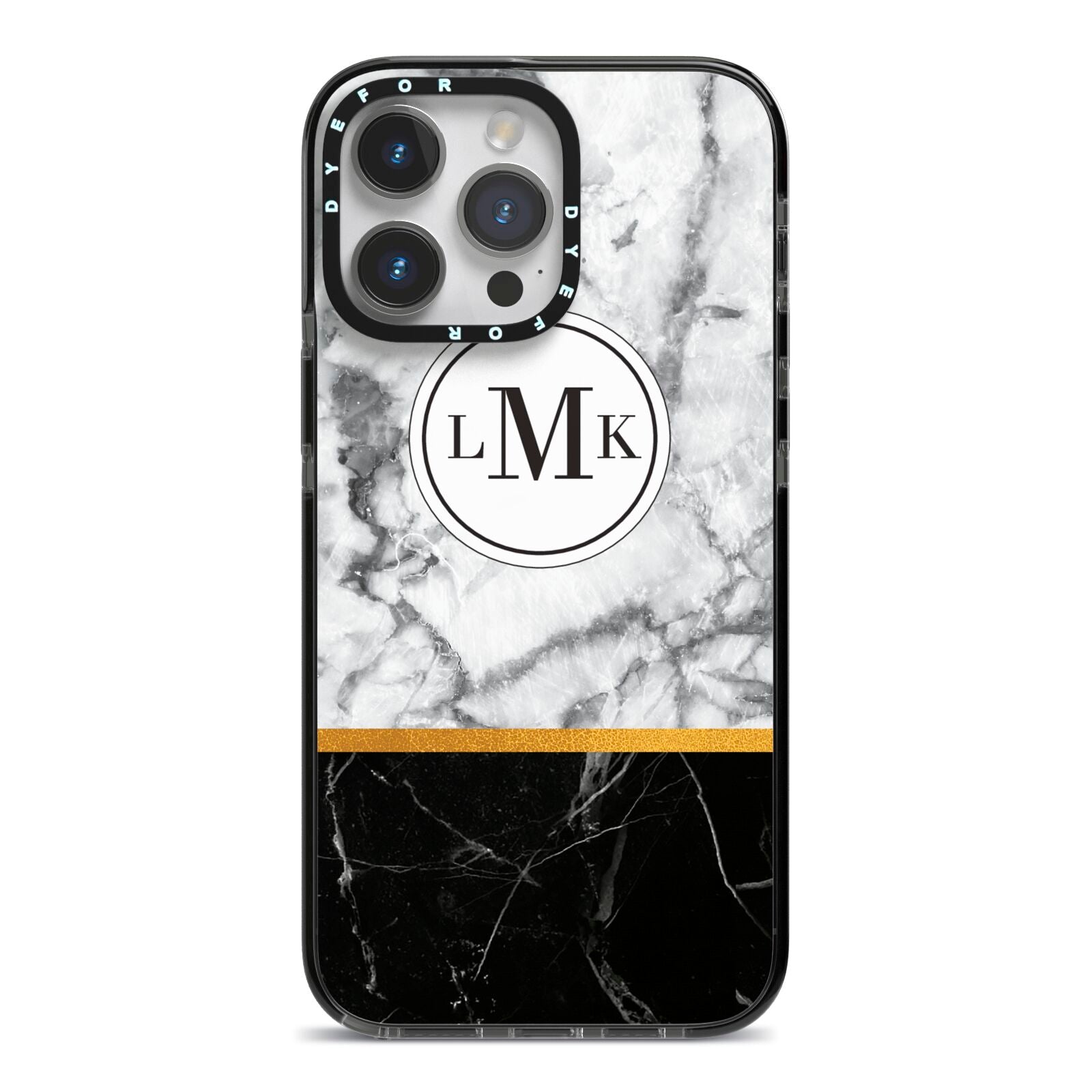 Marble Initials Geometric Personalised iPhone 14 Pro Max Black Impact Case on Silver phone