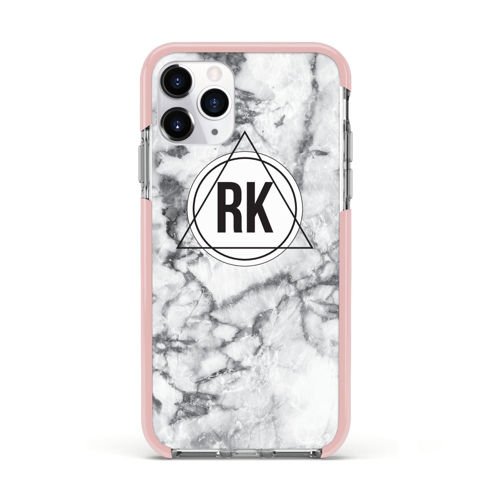Marble Initials Triangle Personalised Apple iPhone 11 Pro in Silver with Pink Impact Case