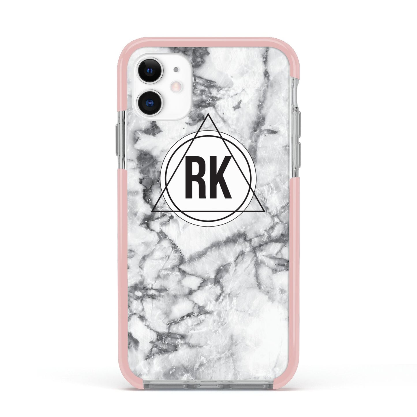 Marble Initials Triangle Personalised Apple iPhone 11 in White with Pink Impact Case