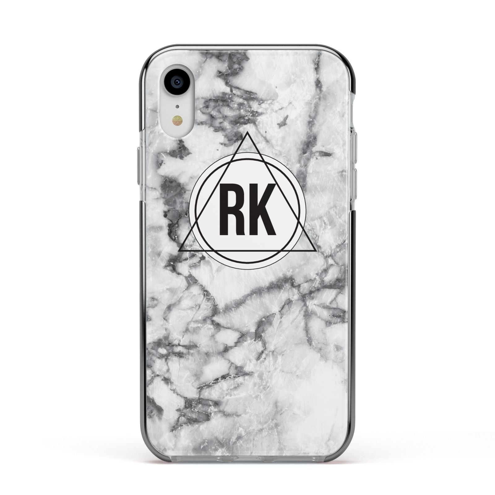 Marble Initials Triangle Personalised Apple iPhone XR Impact Case Black Edge on Silver Phone