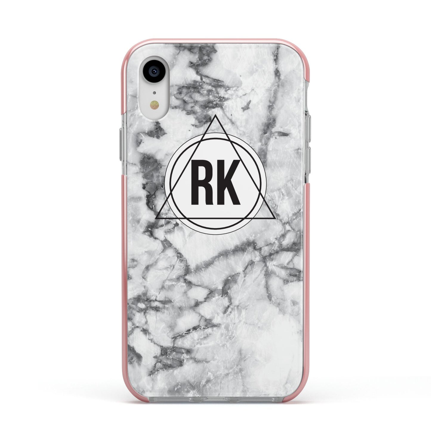 Marble Initials Triangle Personalised Apple iPhone XR Impact Case Pink Edge on Silver Phone