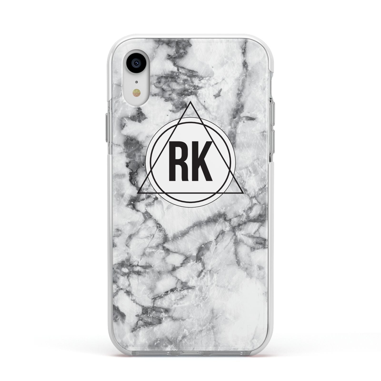 Marble Initials Triangle Personalised Apple iPhone XR Impact Case White Edge on Silver Phone