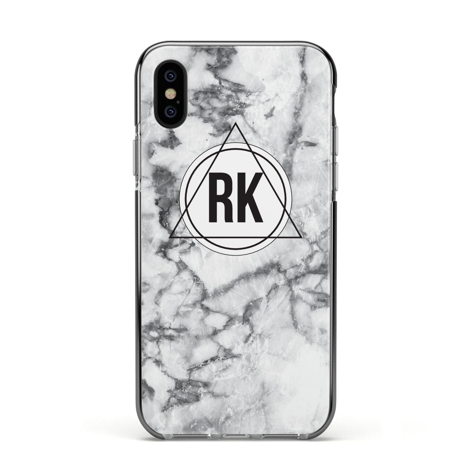 Marble Initials Triangle Personalised Apple iPhone Xs Impact Case Black Edge on Black Phone