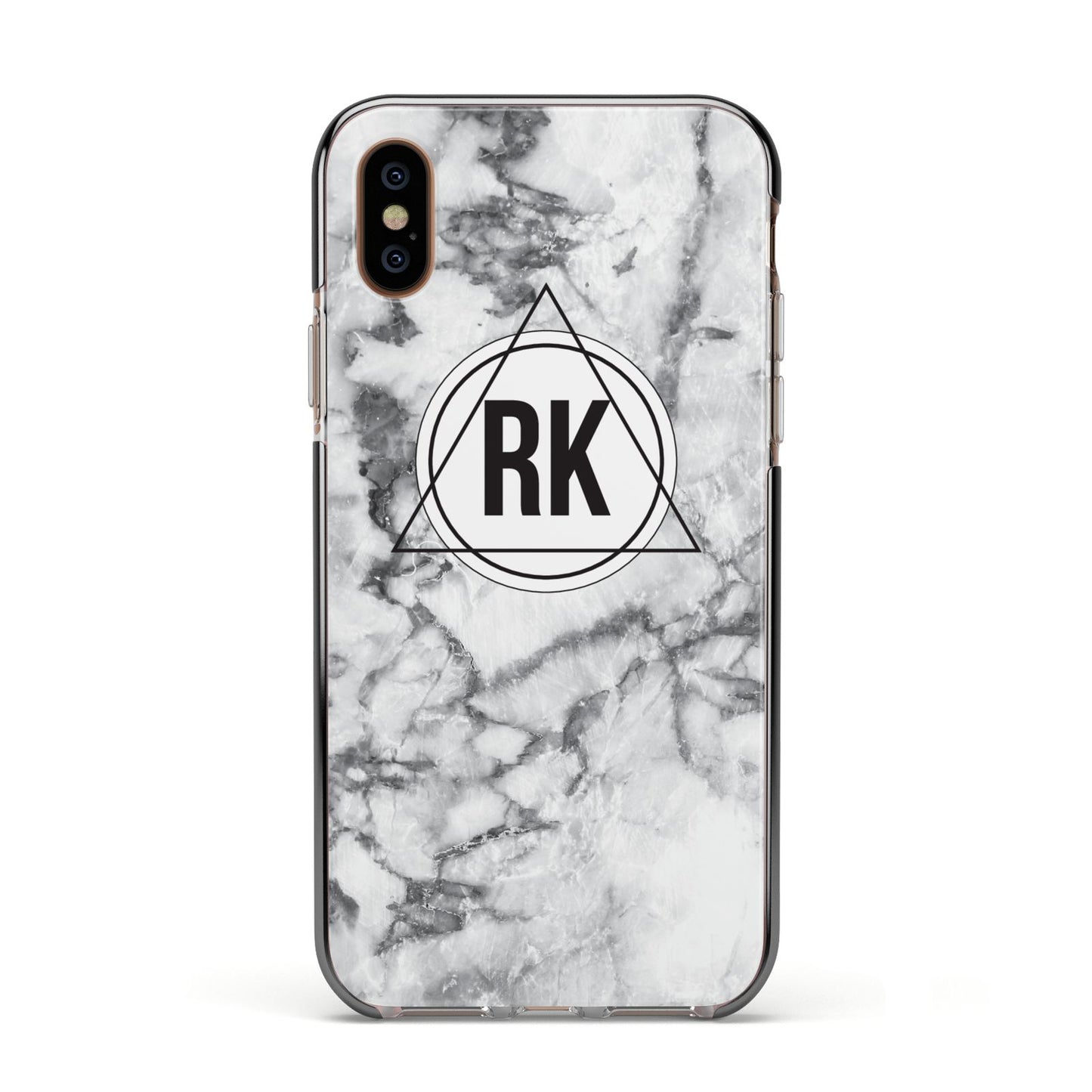 Marble Initials Triangle Personalised Apple iPhone Xs Impact Case Black Edge on Gold Phone