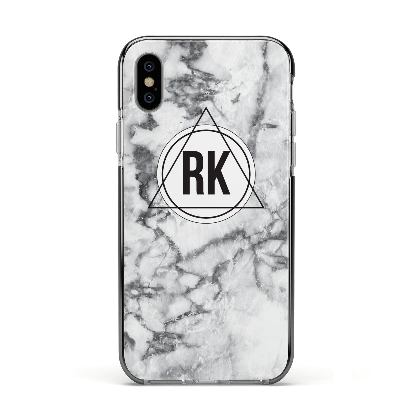 Marble Initials Triangle Personalised Apple iPhone Xs Impact Case Black Edge on Silver Phone