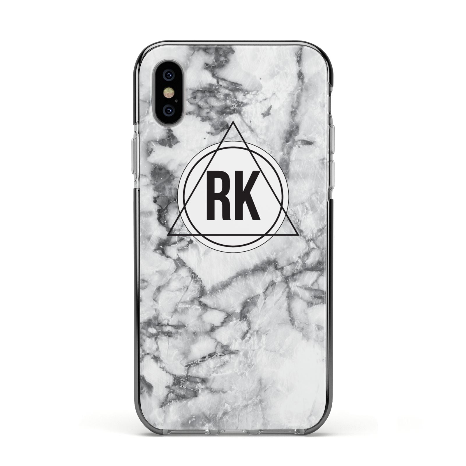 Marble Initials Triangle Personalised Apple iPhone Xs Impact Case Black Edge on Silver Phone