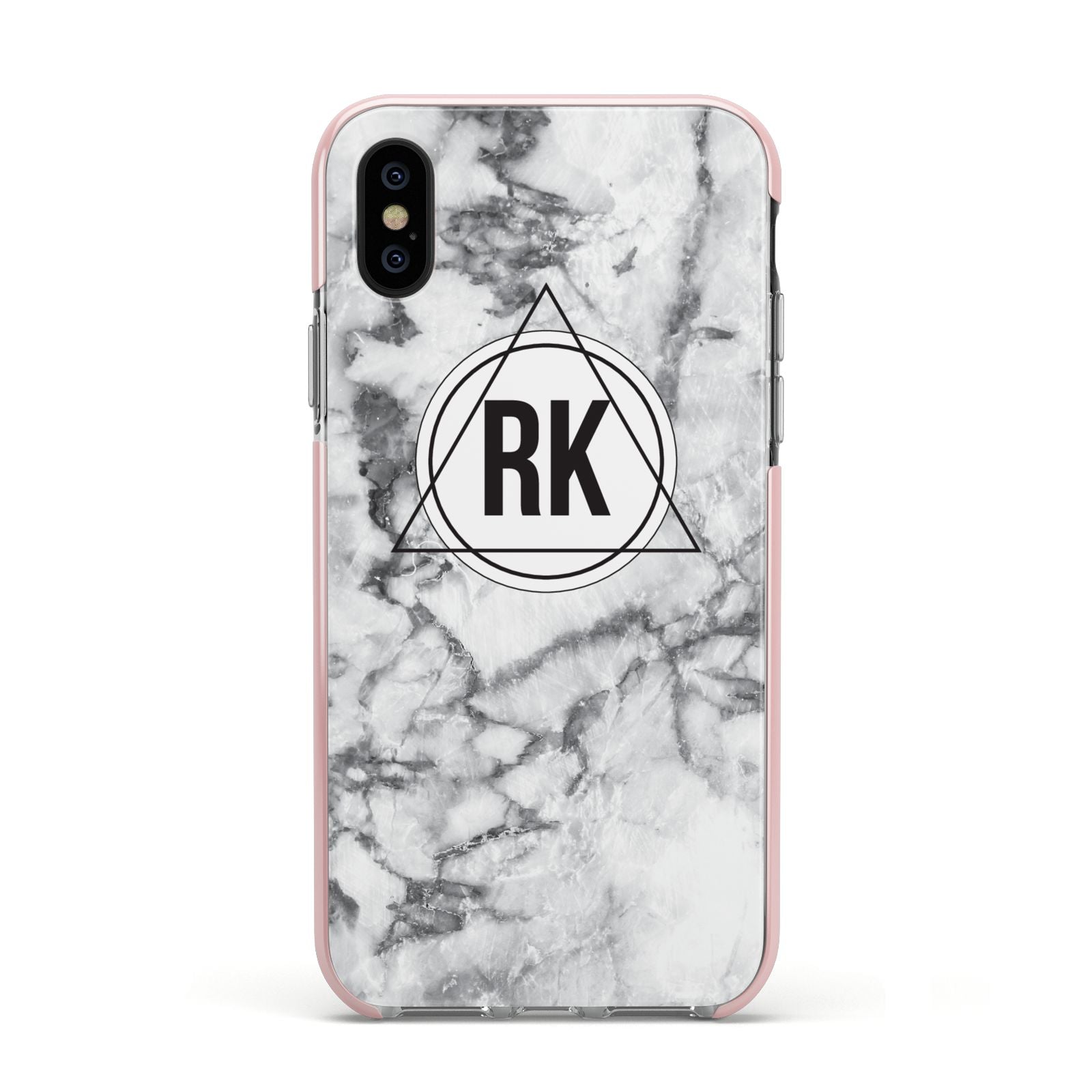 Marble Initials Triangle Personalised Apple iPhone Xs Impact Case Pink Edge on Black Phone