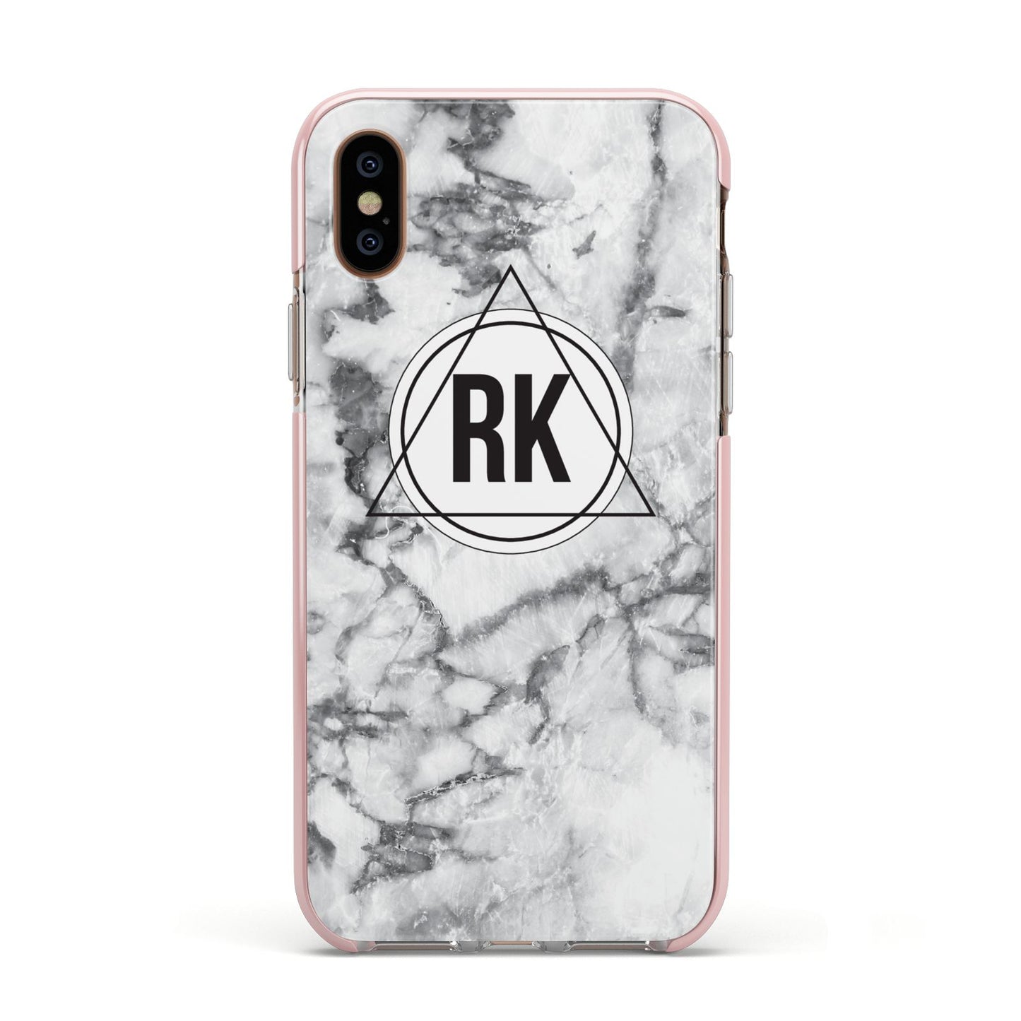 Marble Initials Triangle Personalised Apple iPhone Xs Impact Case Pink Edge on Gold Phone