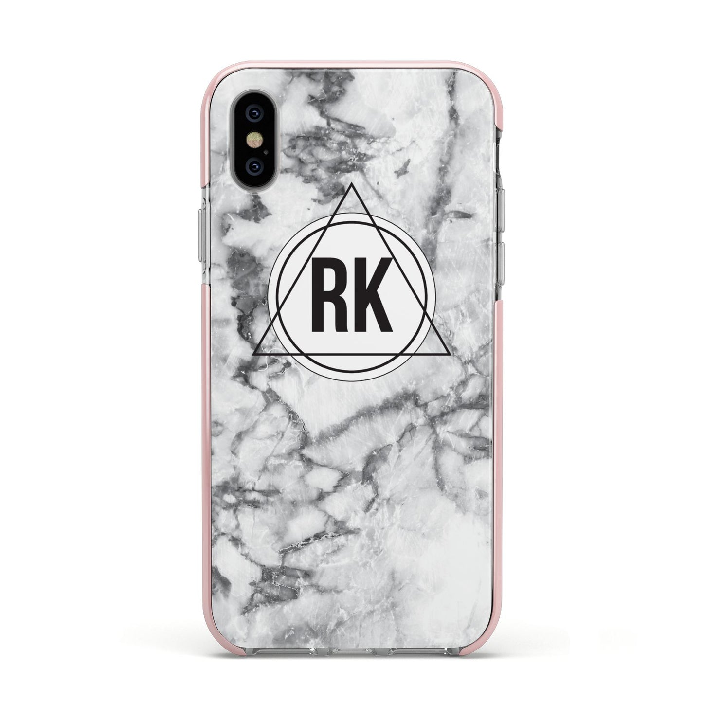 Marble Initials Triangle Personalised Apple iPhone Xs Impact Case Pink Edge on Silver Phone