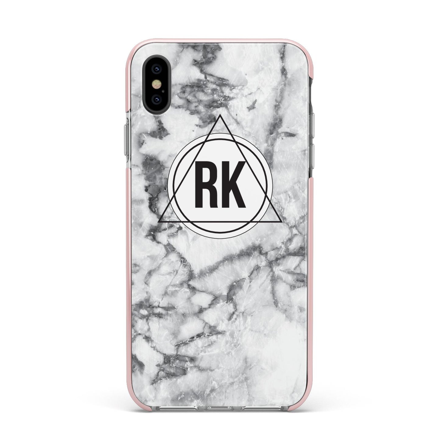 Marble Initials Triangle Personalised Apple iPhone Xs Max Impact Case Pink Edge on Black Phone
