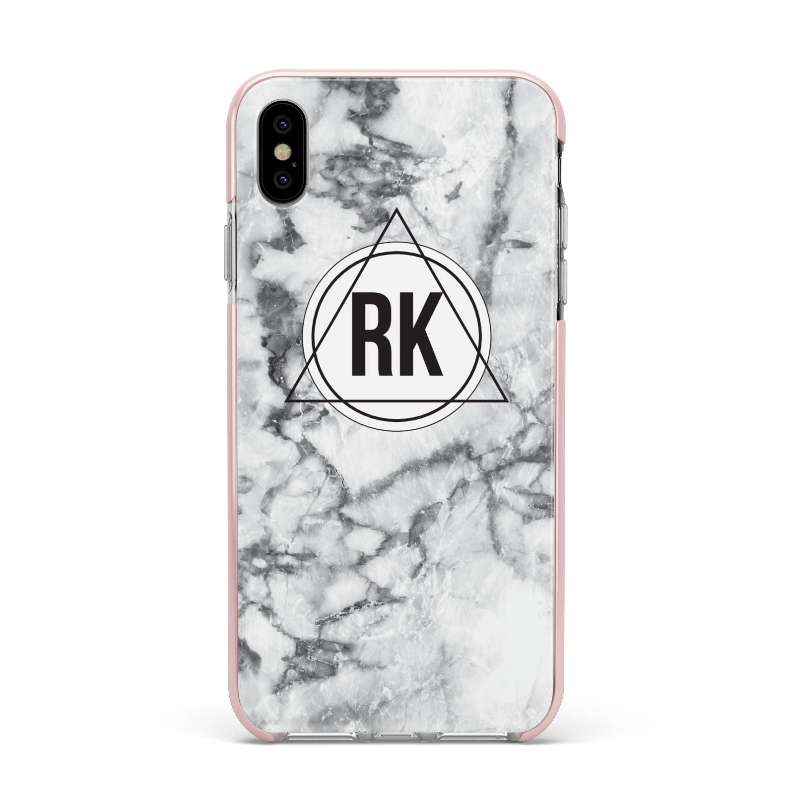 Marble Initials Triangle Personalised Apple iPhone Xs Max Impact Case Pink Edge on Silver Phone