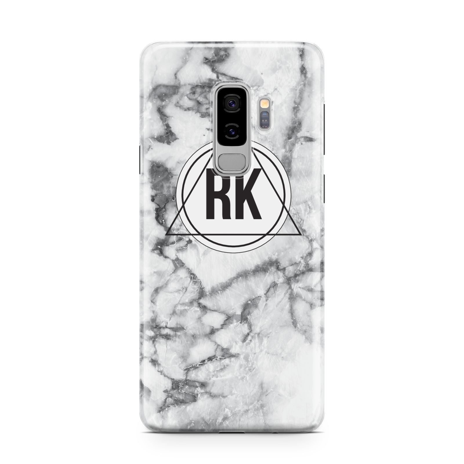 Marble Initials Triangle Personalised Samsung Galaxy S9 Plus Case on Silver phone
