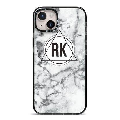 Marble Initials Triangle Personalised iPhone 14 Plus Black Impact Case on Silver phone