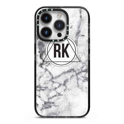 Marble Initials Triangle Personalised iPhone 14 Pro Black Impact Case on Silver phone