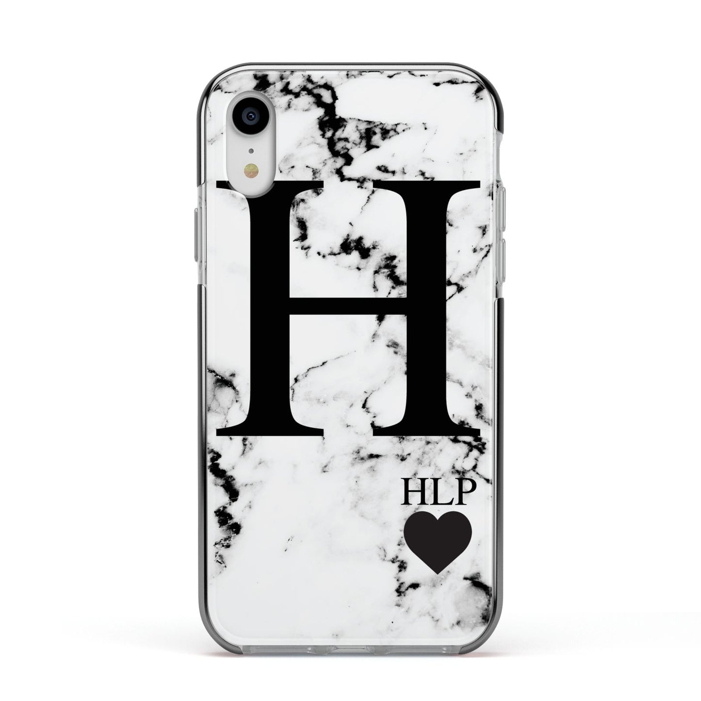 Marble Love Heart Personalised Apple iPhone XR Impact Case Black Edge on Silver Phone