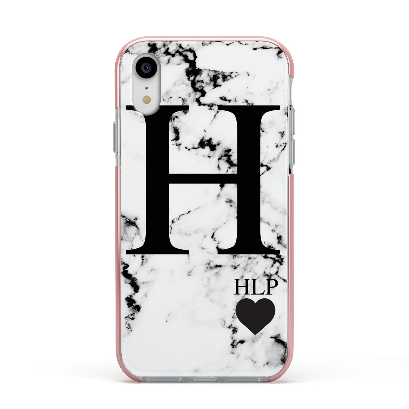 Marble Love Heart Personalised Apple iPhone XR Impact Case Pink Edge on Silver Phone